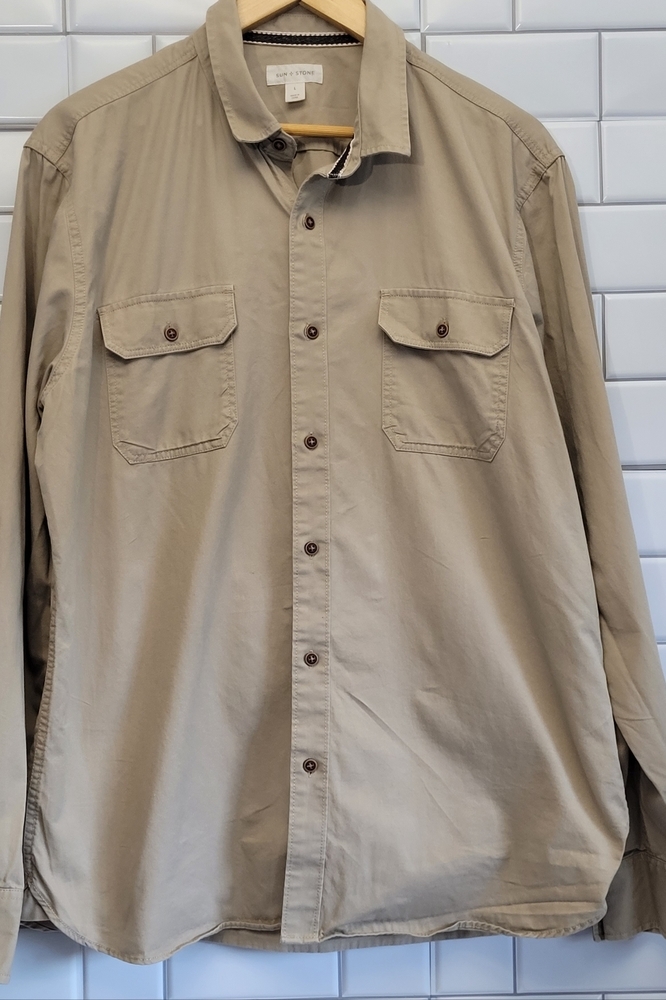 SUN+STONE Men’s Long Sleeve Button Up Khaki Shirt Medium Weight